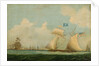 An American privateer schooner and other vessels near a harbour by Burton
