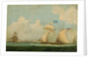 An American privateer schooner and other vessels near a harbour by Burton