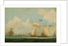 An American privateer schooner and other vessels near a harbour by Burton