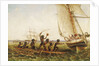 Aboriginal canoes communicating with Monarch and the Tom Tough, 28 August 1855 by John Thomas Baines