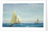 A large sloop yacht and a barge by John Fraser