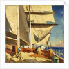 Mending sails on the deck of the 'Birkdale' by John Everett