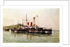 HMS 'Howe' being towed into Emsenanda de la Malata by HMS 'Seahorse' with salvage steamers alongside by A. Sanz