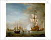 Calm: an English ketch rigged yacht, thought to be the Isabella, with other ships and vessels near the shore by Peter Monamy