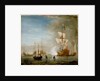 Calm: an English ketch rigged yacht, thought to be the Isabella, with other ships and vessels near the shore by Peter Monamy