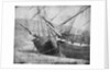 Bow view of two unidentified vessels at low tide by unknown