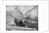 Bow view of two unidentified vessels at low tide by unknown
