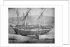 Broadside view of two unidentified vessels at low tide by unknown