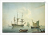 A third-rate, a frigate, a fishing lugger and other craft off shore in a calm by Nicholas Pocock