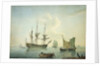 A third-rate, a frigate, a fishing lugger and other craft off shore in a calm by Nicholas Pocock