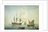 A third-rate, a frigate, a fishing lugger and other craft off shore in a calm by Nicholas Pocock