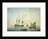 A third-rate, a frigate, a fishing lugger and other craft off shore in a calm by Nicholas Pocock