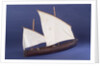 Full hull model, two masted open boat, starboard stern quarter by unknown
