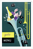 Front cover of gala menu from SS 'Strathmore', depicting trumpet and champagne by Daphne Padden