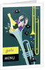 Front cover of gala menu from SS 'Strathmore', depicting trumpet and champagne by Daphne Padden