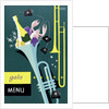 Front cover of gala menu from SS 'Strathmore', depicting trumpet and champagne by Daphne Padden