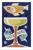 Front cover of P&O gala menu, depicting fish and glass by Daphne Padden