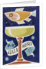 Front cover of P&O gala menu, depicting fish and glass by Daphne Padden