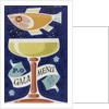 Front cover of P&O gala menu, depicting fish and glass by Daphne Padden