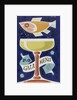 Front cover of P&O gala menu, depicting fish and glass by Daphne Padden