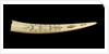 A cribbage board and two pegs, carved from a walrus tusk with a polar bear, walrus head, and three seals carved in relief by Inuit