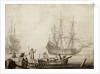 Men in a boat near two Dutch ships by Experiens Sillemans