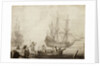 Men in a boat near two Dutch ships by Experiens Sillemans
