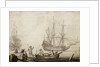 Men in a boat near two Dutch ships by Experiens Sillemans