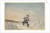 A ship stuck in the ice with two members of crew fixing the ship into ice with four fastenings by Edward Newell Harrison