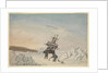 A ship stuck in the ice with two members of crew fixing the ship into ice with four fastenings by Edward Newell Harrison