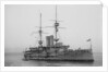 Battleship HMS 'Goliath' (1898), at anchor with awning rigged by unknown