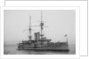 Battleship HMS 'Goliath' (1898), at anchor with awning rigged by unknown