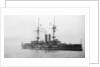 Battleship HMS 'Goliath' (1898), at anchor with awning rigged by unknown