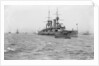 Battleship HMS 'Triumph' (1903) at anchor, slightly distant by unknown