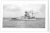 Battleship HMS 'Warspite' (1913) at anchor, with awning rigged aft by unknown