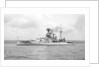 Battleship HMS 'Warspite' (1913) at anchor, with awning rigged aft by unknown