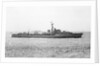 HMS 'Cavendish' (Br, 1944) under way in the Hamoaze, flying paying off pennant and crew lining deck by unknown
