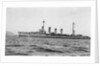 Light cruiser 'Karlsruhe' (Ge, 1916) at anchor in Scapa Flow with topmasts lowered, stern out of picture. by unknown