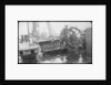 The 'Herzogin Cecile' (Fi, 1902) a seaman at the midships wheel in heavy weather. The helmsman is wearing a safety harness by unknown