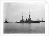 Battlecruiser HMS 'Inflexible' (1907) at anchor at Spithead, with awning rigged amidships by unknown