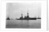 Battlecruiser HMS 'Inflexible' (1907) at anchor at Spithead, with awning rigged amidships by unknown