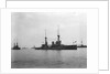 Battlecruiser HMS 'Inflexible' (1907) at anchor at Spithead, with awning rigged amidships by unknown