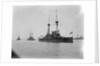 Battleship HMS 'Agamemnon' (1906) at anchor at Spithead, with awning rigged aft and 'Lord Nelson' astern of her by unknown