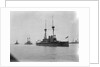 Battleship HMS 'Agamemnon' (1906) at anchor at Spithead, with awning rigged aft and 'Lord Nelson' astern of her by unknown