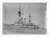 Battleship HMS 'Queen' (1902) at anchor at Spithead, with awning rigged aft by unknown