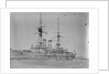 Battleship HMS 'Queen' (1902) at anchor at Spithead, with awning rigged aft by unknown