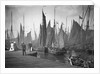 A view from the wooden quay at Lowestoft, Suffolk, looking across the trawl basin filled with a large number of sailing trawlers by Smiths Suitall Ltd.
