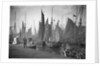 A view from the wooden quay at Lowestoft, Suffolk, looking across the trawl basin filled with a large number of sailing trawlers by Smiths Suitall Ltd.