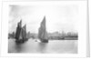 The sailing trawlers 'LT325', 'LT653' and 'LT37' leaving the outer harbour at Lowestoft, Suffolk, taken from the end of the breakwater by Smiths Suitall Ltd.