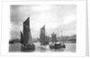 The trawler 'LT372' under sail with 'LT205' in tow of the paddle tug 'Imperial' (1879) leaving the harbour at Lowestoft, Suffolk by Smiths Suitall Ltd.